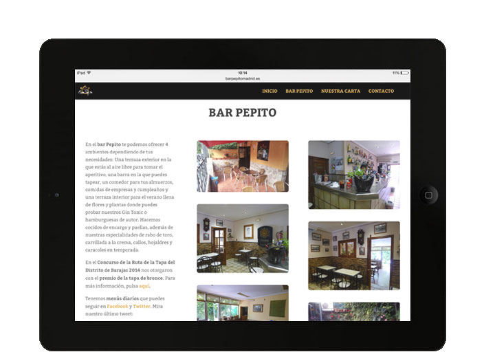 web del bar Pepito en tablet